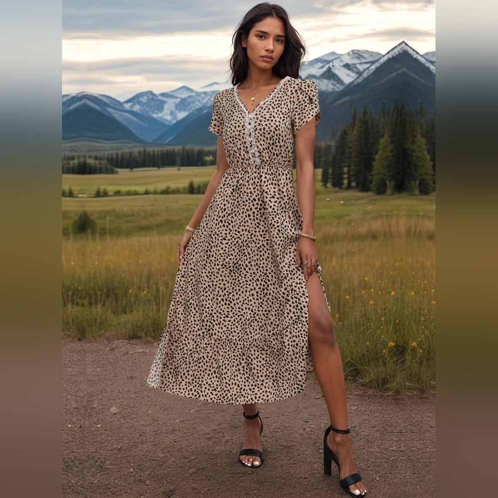 NWT - Boutique-Side Slit Printed V-Neck Camel Short Sleeve Midi Dress - Size XL